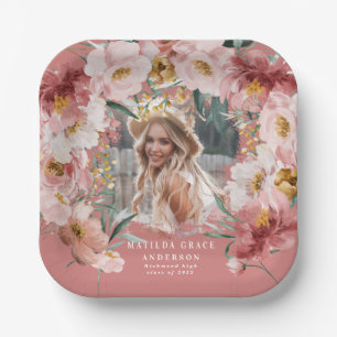 Pink girly floral photo graduation party paper pla paper plates
