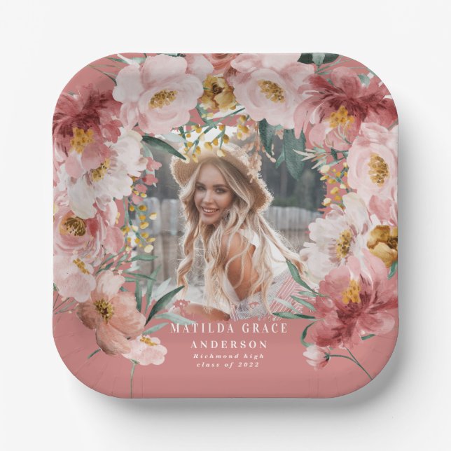 Pink girly floral photo graduation party paper pla paper plates (Front)