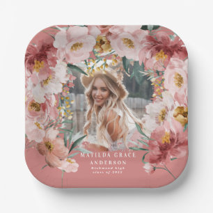 Pink girly floral photo graduation party paper pla plates