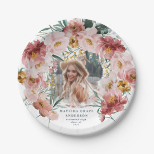 Pink girly floral photo graduation party paper plates