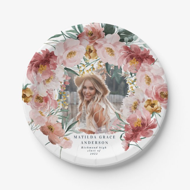 Pink girly floral photo graduation party  paper plates (Front)