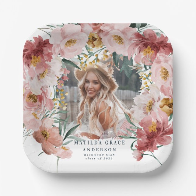 Pink girly floral photo graduation party paper plates (Front)