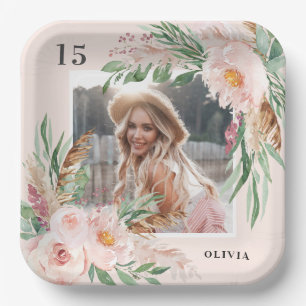 Pink girly floral photo pampas elegant modern paper plates