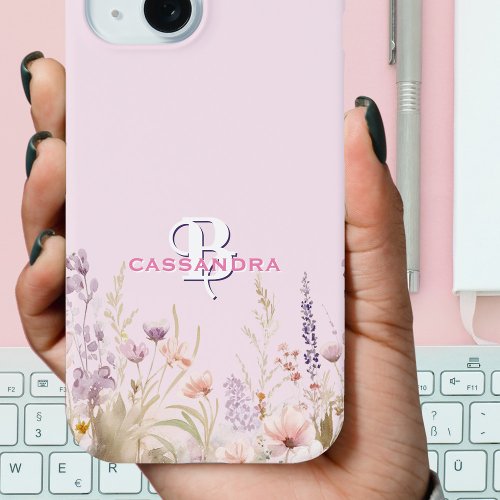 Pink Girly Girl Wildflowers Name Monogram iPhone 15 Case