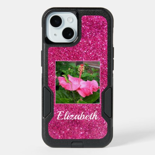 Pink Girly Glitter Beautiful Floral Custom Photo iPhone 15 Case