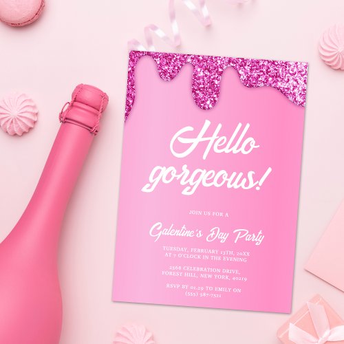 Pink Girly Glitter Gorgeous Galentines Day Party Invitation