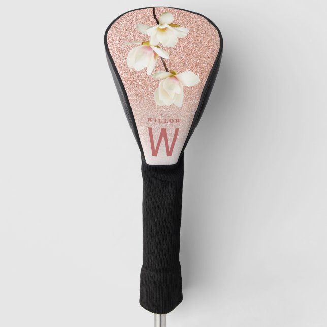 Pink girly glitter magnolia floral modern golf head cover (Front)