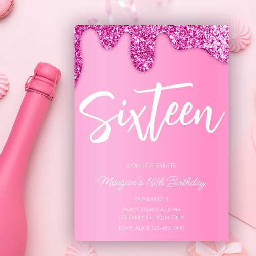 Pink Girly Glitter Sweet 16 Birthday Party Invitation