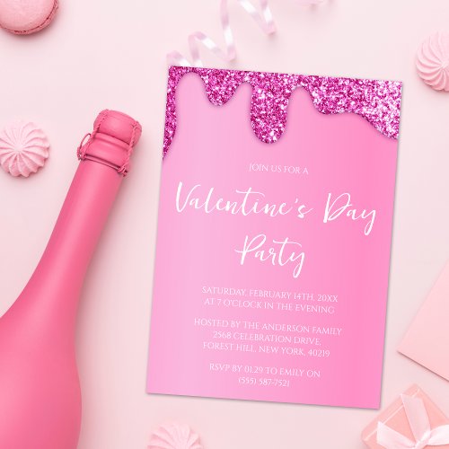 Pink Girly Glitter Valentines Day Party Invitation