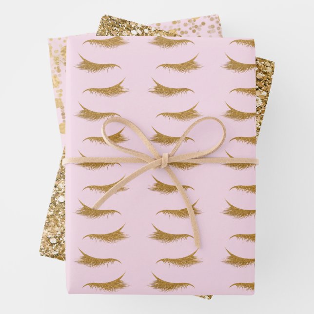 Pink Girly Gold Glam Glitter Eyelashes Wrapping Paper Sheets (In situ)