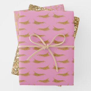 Pink Girly Gold Glam Glitter Eyelashes Wrapping Paper Sheets