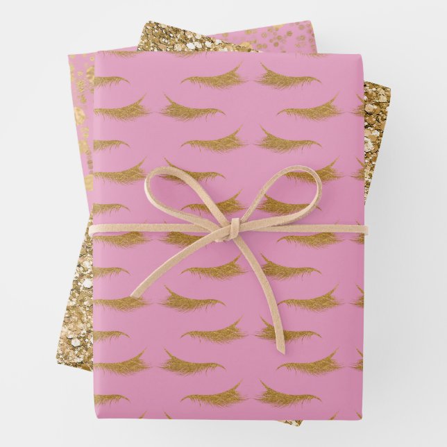 Pink Girly Gold Glam Glitter Eyelashes Wrapping Paper Sheets (In situ)