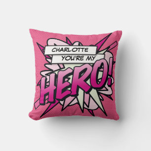 Pink Girly HERO Funny Modern Cool Comic Book Throw Pillow
