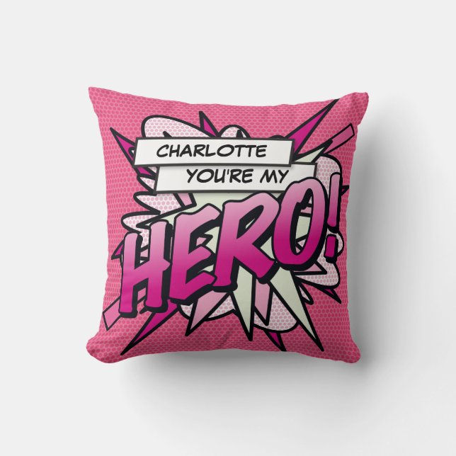 Pink Girly HERO Funny Modern Cool Comic Book Throw Pillow (Front)