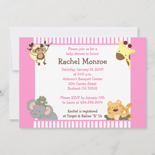 Pink Girly Jungle Safari Friends 5x7 Baby Shower Personalized Invitation