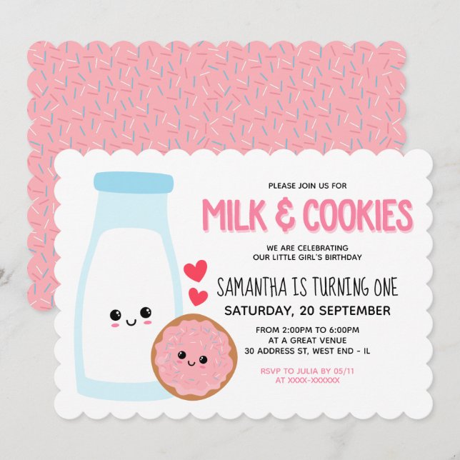 Pink Girly Kawaii Milk And Cookies Birthday Invitation (Front/Back)