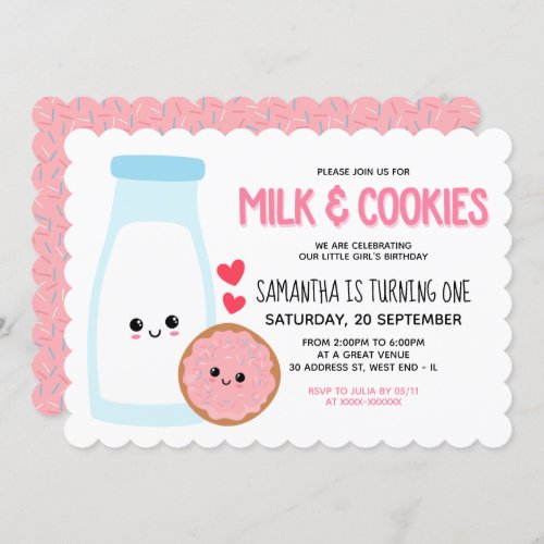 Pink Girly Kawaii Milk And Cookies Birthday Invitation