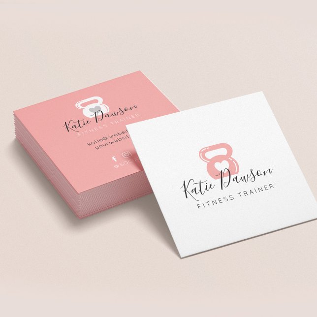 Pink Girly Kettlebell Personal Fitness Trainer Square Business Card (Creator Uploaded)
