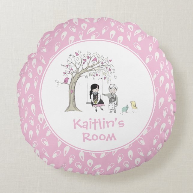 Pink Girly Kids Birds Tree Swing Personalized Round Pillow (Front)