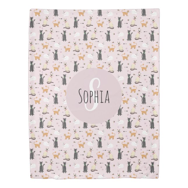 Pink Girly Kitty Cat Pattern Monogram Name Kids Duvet Cover (Front)