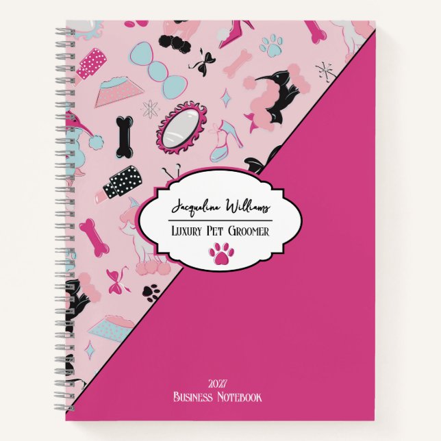 Pink Girly Mid-Century Pet Groomer Notebook (Front)