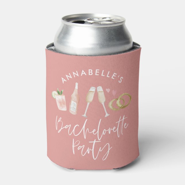 Pink girly modern cocktail script bachelorette can can cooler (Can Front)
