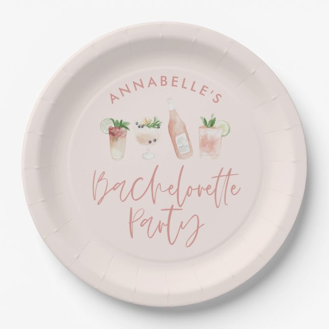 Pink girly modern cocktail script bachelorette paper plates (Front)