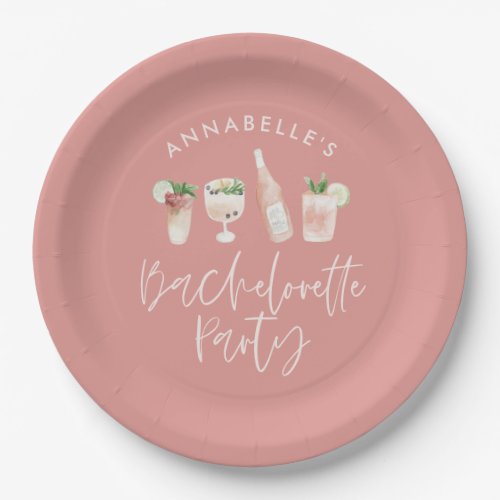 Pink girly modern cocktail script bachelorette paper plates