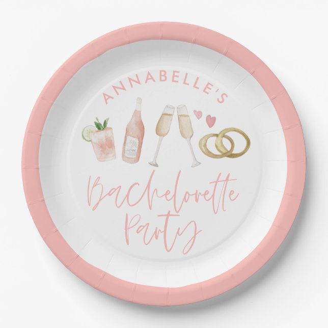 Pink girly modern cocktail script bachelorette paper plates (Front)