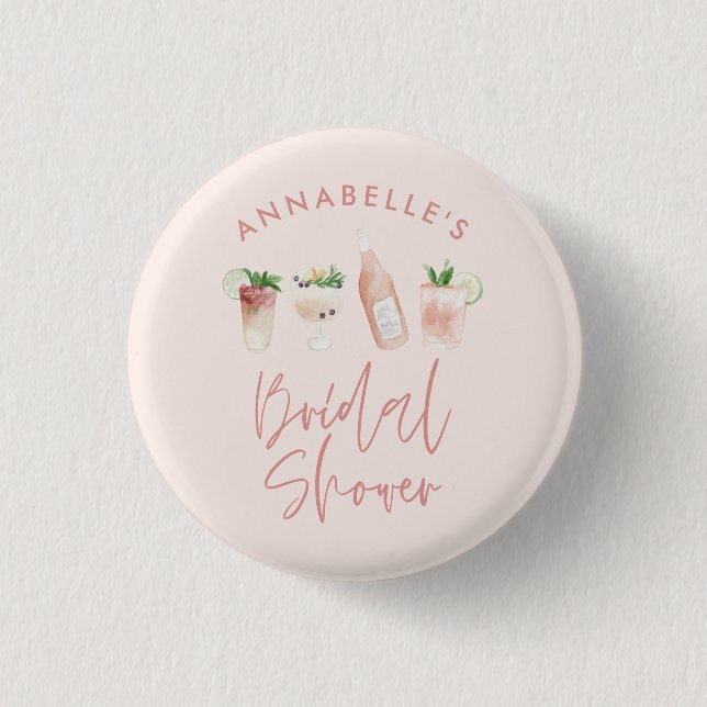 Pink girly modern cocktail script bridal shower button (Front)