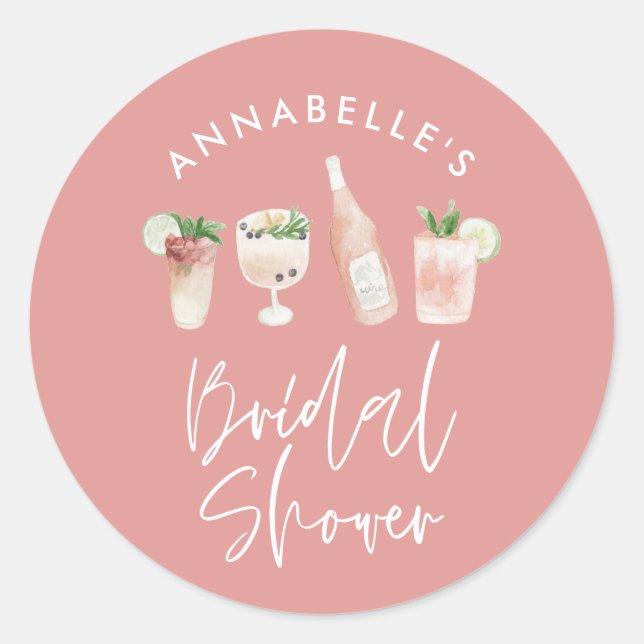 Pink girly modern cocktail script bridal shower classic round sticker (Front)