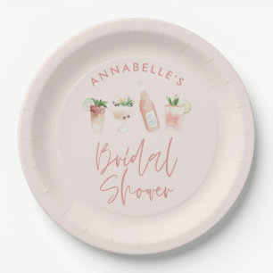 Pink girly modern cocktail script bridal shower paper plates