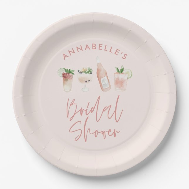 Pink girly modern cocktail script bridal shower paper plates (Front)