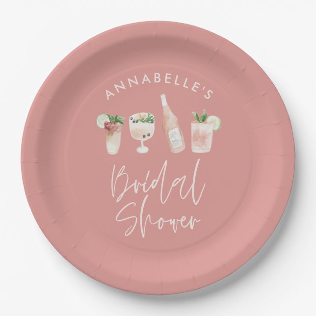 Pink girly modern cocktail script bridal shower paper plates (Front)