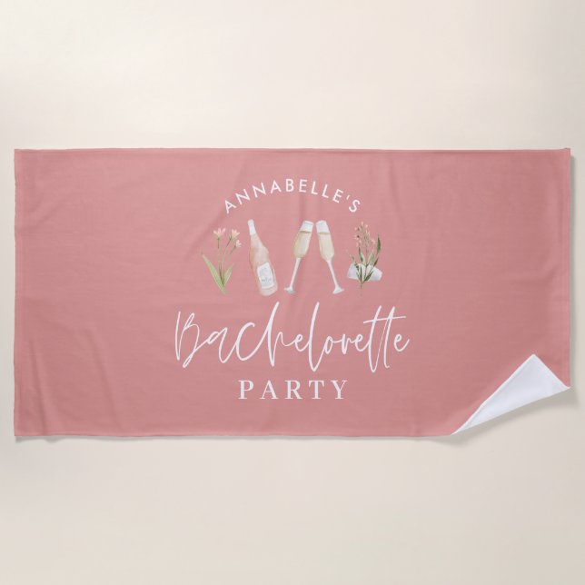 Pink girly modern drinks bachelorette party beach towel (Front)