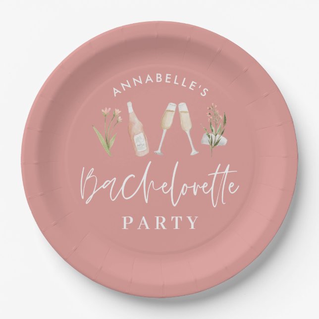 Pink girly modern drinks bachelorette party paper plates (Front)