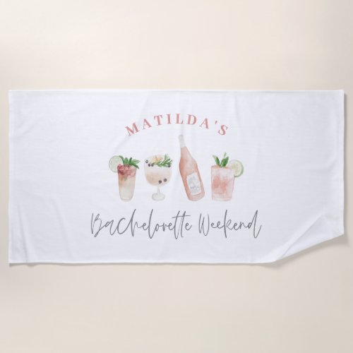 Pink girly modern drinks bachelorette weekend beach towel