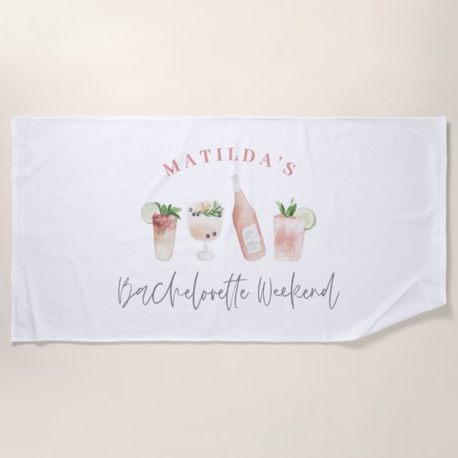 Pink girly modern drinks bachelorette weekend beach towel (Front)