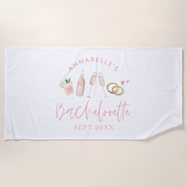 Pink girly modern drinks bachelorette weekend  beach towel (Front)