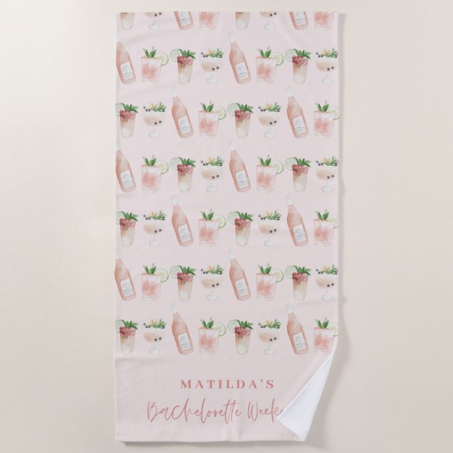 Pink girly modern drinks bachelorette weekend beach towel (Front)
