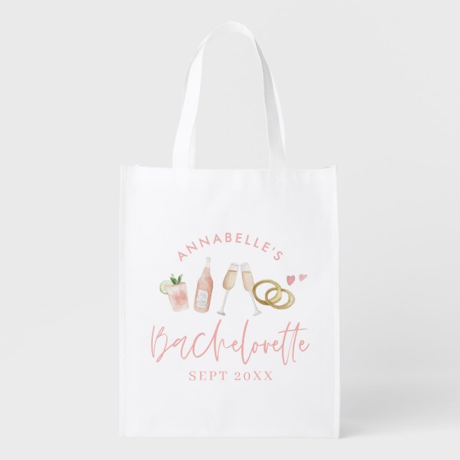 Pink girly modern drinks bachelorette weekend grocery bag (Front)