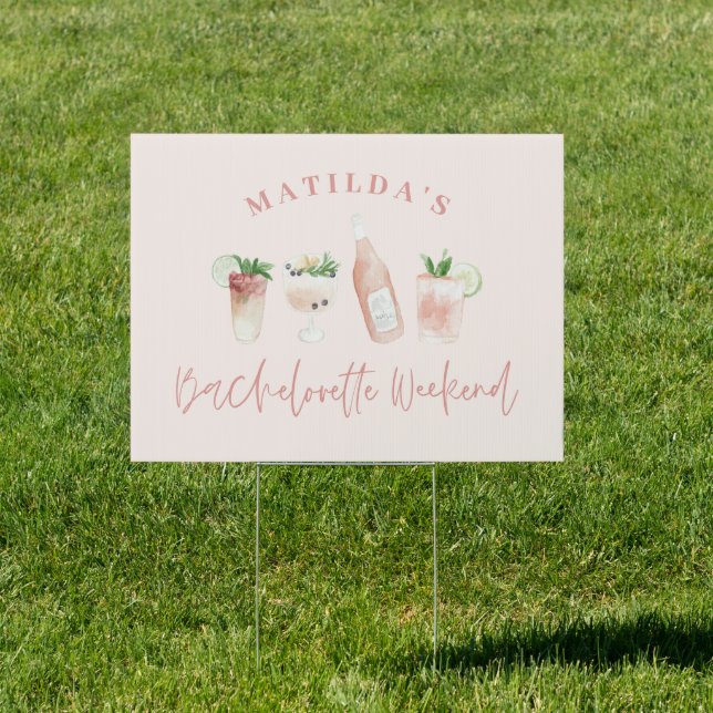 Pink girly modern drinks bachelorette weekend sign (Insitu)
