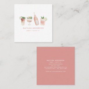 Pink girly modern drinks cocktail wine watercolor square business card