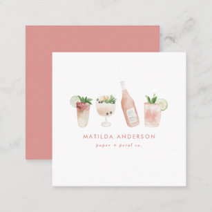 Pink girly modern drinks cocktail wine watercolor square business card