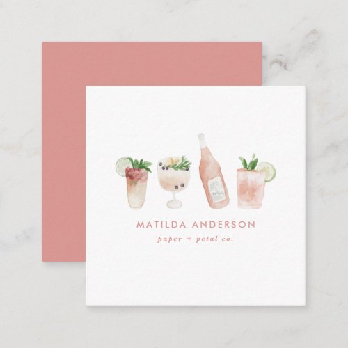 Pink girly modern drinks cocktail wine watercolor square business card