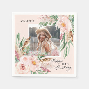Pink girly modern elegant boho floral photo napkins