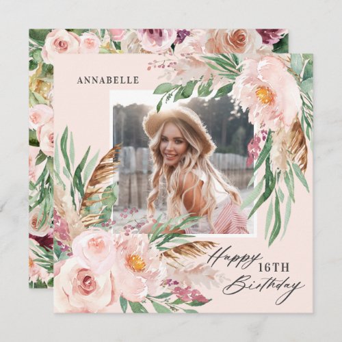 Pink girly modern elegant floral photo birthday invitation