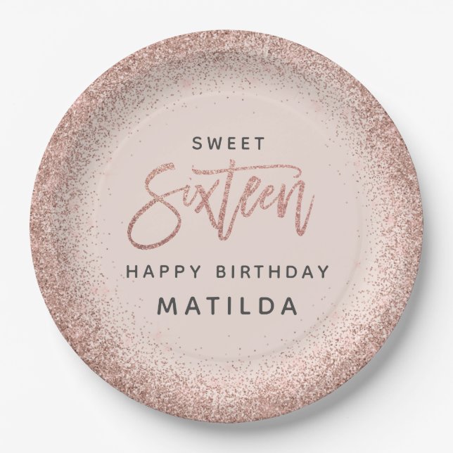 Pink girly modern glitter 16th birthday party paper plates (Front)