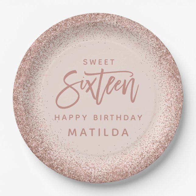 Pink girly modern glitter 16th birthday party paper plates (Front)