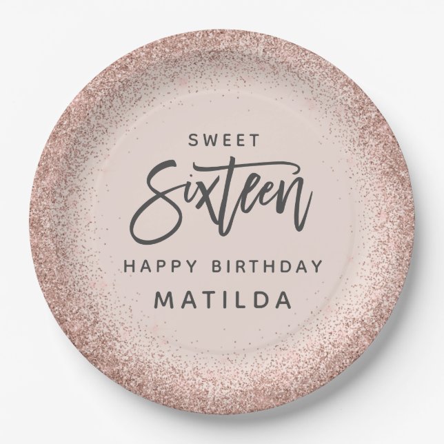 Pink girly modern glitter 16th birthday party paper plates (Front)
